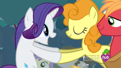 Size: 1440x810 | Tagged: safe, screencap, big macintosh, carrot top, golden harvest, rarity, earth pony, pony, g4, simple ways, excited, happy, male, stallion