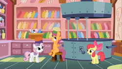 Size: 1366x768 | Tagged: safe, screencap, apple bloom, scootaloo, sweetie belle, g4, the show stoppers, cutie mark crusaders, no osha compliance, taffy, taffy puller, this will not end well