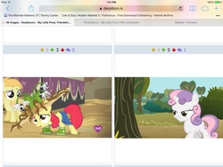 Size: 2048x1536 | Tagged: safe, apple bloom, noi, sweetie belle, derpibooru, g4, my little pony: friendship is magic, simple ways, exploitable meme, ios, ipad, juxtaposition, juxtaposition win, meme, meta