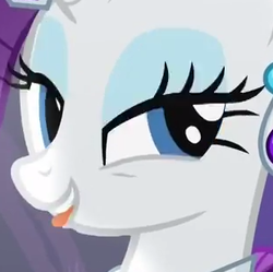 Size: 310x309 | Tagged: safe, screencap, rarity, pony, unicorn, g4, simple ways, dat face, eyeshadow, female, makeup, mare, reaction image, solo, tongue bite, tongue out