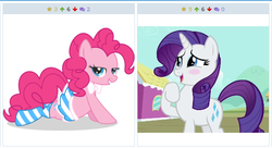 Size: 518x281 | Tagged: safe, pinkie pie, rarity, derpibooru, g4, my little pony: friendship is magic, simple ways, exploitable meme, female, juxtaposition, juxtaposition win, lesbian, meme, meta, ship:raripie, shipping