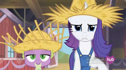 Size: 634x354 | Tagged: safe, screencap, rarity, spike, pony, g4, season 4, simple ways, farmfilly, hat, rarihick, straw hat