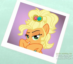 Size: 434x381 | Tagged: safe, screencap, applejack, earth pony, pony, g4, simple ways, applejack also dresses in style, applejack is best facemaker, applejewel, dreamworks face, fancyjack, female, polaroid, solo