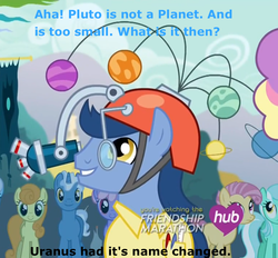 Size: 864x802 | Tagged: safe, screencap, alula, candy mane, carrot top, circus peanut, golden harvest, lyra heartstrings, pokey pierce, rainbowshine, g4, simple ways, planetary bob, pluto (planet), uranus