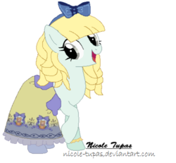 Size: 462x426 | Tagged: safe, artist:nicole-tupas, earth pony, pony, blondie locks, bow, clothes, dress, ever after high, female, mare, ponified, raised hoof, simple background, solo, transparent background