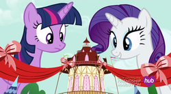 Size: 1067x590 | Tagged: safe, screencap, rarity, twilight sparkle, alicorn, pony, g4, simple ways, giant alicorn, giant pony, giant rarity, giant twilight sparkle, giant unicorn, macro, town hall, twilight sparkle (alicorn)