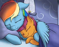 Size: 1700x1359 | Tagged: safe, artist:nobody47, rainbow dash, scootaloo, pegasus, pony, g4, cuddling, cute, eyes closed, female, filly, mare, scootalove, sleeping, snuggling, weapons-grade cute, wing blanket