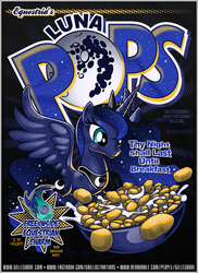 Size: 646x888 | Tagged: safe, artist:gbillustrations, princess luna, g4, cereal, female, food, kellogg's, kellogg's corn pops, mare in the moon, milk, moon, parody, smiling, solo, spread wings, ye olde butcherede englishe
