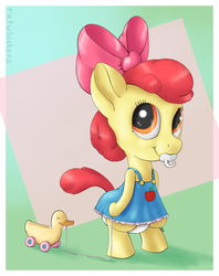 Size: 1910x2411 | Tagged: safe, artist:ratwhiskers, apple bloom, duck, pony, g4, adorabloom, baby, bipedal, cute, diaper, female, foal, pacifier, solo, toddler