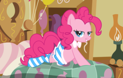 Size: 5500x3500 | Tagged: safe, artist:leopurofriki, pinkie pie, earth pony, pony, g4, bed, bedroom eyes, bowtie, clothes, female, skirt, socks, solo, striped socks, thigh highs