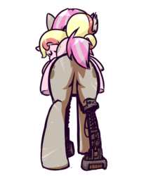 Size: 869x1042 | Tagged: safe, artist:inlucidreverie, oc, oc only, oc:hired gun, oc:serenity (fallout equestria: heroes), cyborg, earth pony, pony, unicorn, fallout equestria, fallout equestria: heroes, butt, female, filly, injured, mare, mother, mother and daughter, plot, prosthetics, rear view, simple background, sleeping, transparent background