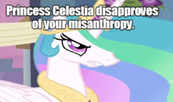 Size: 1205x715 | Tagged: safe, princess celestia, human, g4, female, heresy, image macro, low quality, misanthropy, reaction, solo