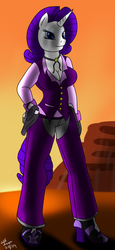 Size: 644x1404 | Tagged: safe, artist:collinscorpio, rarity, anthro, g4, clothes, female, gun, revolver, solo, vest, weapon