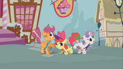 Size: 1366x768 | Tagged: safe, screencap, apple bloom, scootaloo, sweetie belle, g4, the show stoppers, cutie mark crusaders, stuck together, this will end in a long walk home