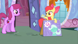 Size: 1366x768 | Tagged: safe, screencap, apple bloom, berry punch, berryshine, g4, my little pony: friendship is magic, the show stoppers, bell, hair salon