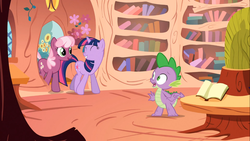 Size: 1366x768 | Tagged: safe, screencap, cheerilee, spike, twilight sparkle, dragon, earth pony, pony, unicorn, g4, my little pony: friendship is magic, the show stoppers, golden oaks library, unicorn twilight