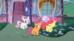 Size: 1366x768 | Tagged: safe, screencap, apple bloom, scootaloo, sweetie belle, g4, the show stoppers, cutie mark crusaders