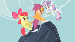 Size: 1366x768 | Tagged: safe, screencap, apple bloom, scootaloo, sweetie belle, g4, the show stoppers, animation error, cutie mark crusaders, falling, wrong eye color