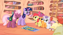 Size: 1366x768 | Tagged: safe, screencap, apple bloom, cheerilee, scootaloo, sweetie belle, twilight sparkle, earth pony, pegasus, pony, unicorn, g4, the show stoppers, bag, blinking, book, bookshelf, cutie mark crusaders, eyes closed, female, filly, foal, golden oaks library, ladder, library, mare, mid-blink screencap, poster, saddle bag, scroll, unicorn twilight