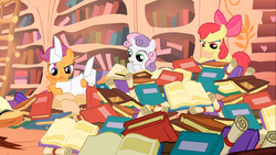 Size: 1366x768 | Tagged: safe, screencap, apple bloom, scootaloo, sweetie belle, g4, my little pony: friendship is magic, the show stoppers, book, cutie mark crusaders, golden oaks library