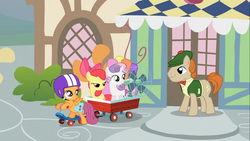 Size: 1366x768 | Tagged: safe, screencap, apple bloom, mr. breezy, scootaloo, sweetie belle, earth pony, pegasus, pony, unicorn, g4, my little pony: friendship is magic, the show stoppers, bag, cutie mark crusaders, electric fan, fan, female, filly, helmet, house, saddle bag, scooter, wagon