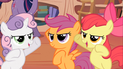 Size: 1366x768 | Tagged: safe, screencap, apple bloom, scootaloo, sweetie belle, twilight sparkle, g4, the show stoppers, cutie mark crusaders, golden oaks library