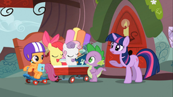 Size: 1366x768 | Tagged: safe, screencap, apple bloom, scootaloo, spike, sweetie belle, twilight sparkle, g4, the show stoppers, cutie mark crusaders