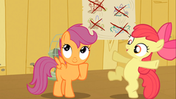 Size: 1366x768 | Tagged: safe, screencap, apple bloom, scootaloo, earth pony, pegasus, pony, g4, the show stoppers, apple bloom's bow, bipedal, blank flank, bow, clubhouse, crusaders clubhouse, female, filly, foal, hair bow, hoof on chin, looking up, open mouth, raised hoof, spread wings, wings
