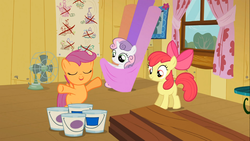 Size: 1366x768 | Tagged: safe, screencap, apple bloom, scootaloo, sweetie belle, g4, the show stoppers, clubhouse, crusaders clubhouse, cutie mark crusaders