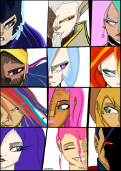 Size: 827x1169 | Tagged: safe, artist:jonaslion52, applejack, discord, fluttershy, pinkie pie, princess celestia, princess luna, rainbow dash, rarity, sunset shimmer, trixie, twilight sparkle, human, g4, dark skin, diversity, humanized, light skin, male, mane six, moderate dark skin, superman, twilight sparkle (alicorn)