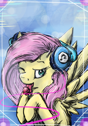 Size: 900x1280 | Tagged: safe, artist:chubbslet, fluttershy, g4, female, headphones, licking, lollipop, solo, wink