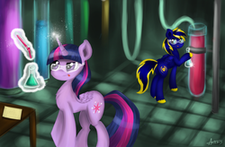 Size: 2350x1540 | Tagged: safe, artist:zephyr093, twilight sparkle, oc, oc:zephyr, alicorn, pony, g4, canon x oc, duo, erlenmeyer flask, female, flask, goggles, hoof hold, magic, male, mare, safety goggles, science, straight, telekinesis, test tube, twilight sparkle (alicorn), twiphyr