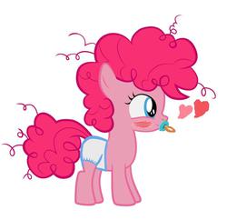 Size: 925x894 | Tagged: source needed, safe, pinkie pie, g4, baby, blushing, cute, diaper, diaper edit, diapinkes, female, filly, heart, messy mane, pacifier, smiling, solo