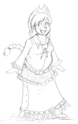 Size: 340x538 | Tagged: safe, artist:ssakurai, applejack, human, g4, chubby, clothes, dress, female, freckles, gala dress, humanized, monochrome, pencil drawing, plump, solo, traditional art