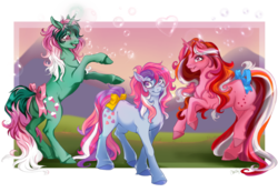 Size: 1280x888 | Tagged: safe, artist:cigarscigarettes, fizzy, galaxy (g1), sweet stuff, earth pony, pony, twinkle eyed pony, unicorn, g1, bow, bubble, cute, female, fizzybetes, galaxydorable, mare, rearing, sweet sweet stuff, tail bow, trio