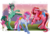 Size: 1280x888 | Tagged: safe, artist:cigarscigarettes, fizzy, galaxy (g1), sweet stuff, earth pony, pony, twinkle eyed pony, unicorn, g1, bow, bubble, cute, female, fizzybetes, galaxydorable, mare, rearing, sweet sweet stuff, tail bow, trio