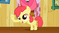 Size: 1366x768 | Tagged: safe, screencap, apple bloom, earth pony, pony, g4, the show stoppers, adorabloom, big head, bow, clubhouse, crusaders clubhouse, cute, female, filly, hair bow, open mouth, raised hoof, smiling, solo
