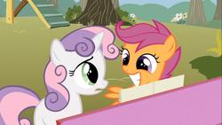 Size: 1366x768 | Tagged: safe, screencap, scootaloo, sweetie belle, pegasus, pony, unicorn, g4, the show stoppers, confused, cute, cutealoo, eye contact, female, filly, frown, grin, looking at each other, musical instrument, open mouth, piano, smiling, spread wings, squee, wings, worried