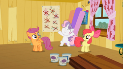 Size: 1366x768 | Tagged: safe, screencap, apple bloom, scootaloo, sweetie belle, g4, the show stoppers, bipedal, clubhouse, crusaders clubhouse, cutie mark crusaders, spread legs, spreading