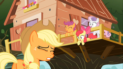 Size: 1366x768 | Tagged: safe, screencap, apple bloom, applejack, scootaloo, sweetie belle, pony, g4, the show stoppers, butt, clubhouse, crusaders clubhouse, cutie mark crusaders, female, mare, plot