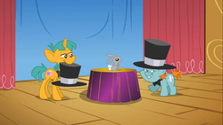 Size: 1366x768 | Tagged: safe, screencap, snails, snips, pony, rabbit, unicorn, g4, the show stoppers, bowtie, colt, hat, male, mouth hold, top hat