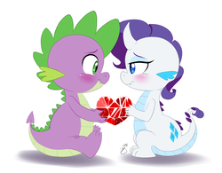 Size: 700x545 | Tagged: safe, artist:pia-sama, rarity, spike, dragon, g4, bedroom eyes, blushing, cute, cutie mark, diamond, dragoness, dragonified, eye contact, fangs, female, fire ruby, gem, horn, male, raribetes, raridragon, ship:sparity, shipping, signature, simple background, sitting, smiling, species swap, spikabetes, straight, white background