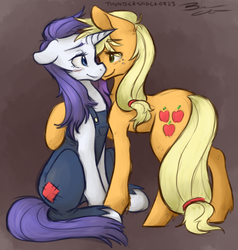 Size: 950x1000 | Tagged: safe, artist:thundershock0823, applejack, rarity, g4, simple ways, clothes, eye contact, female, lesbian, overalls, rarihick, ship:rarijack, shipping