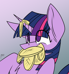 Size: 1791x1914 | Tagged: safe, artist:ralek, twilight sparkle, g4, chest fluff, eating, female, mouth hold, silly, smiling, solo, waffle