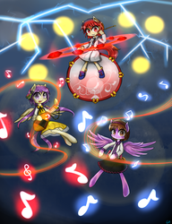 Size: 1000x1300 | Tagged: safe, artist:luciferamon, benben tsukumo, biwa, clothes, double dealing character, dress, drums, horikawa raiko, koto, musical instrument, ponified, skirt, touhou, tsukumogami, yatsuhashi tsukumo