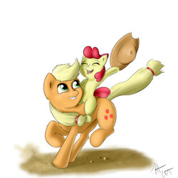 Size: 2000x2000 | Tagged: safe, artist:captainpudgemuffin, apple bloom, applejack, g4, apple bloom riding applejack, ponies riding ponies, riding