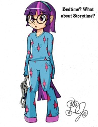 Size: 776x1000 | Tagged: safe, artist:dj-black-n-white, smarty pants, oc, oc only, oc:glimmer, satyr, g4, clothes, colored, cute, dialogue, offspring, pajamas, parent:twilight sparkle, solo, young