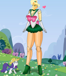 Size: 581x669 | Tagged: safe, applejack, rarity, g4, simple ways, applejewel, bodysuit, cosplay, mecha, mecha suit, sailor jupiter, wat