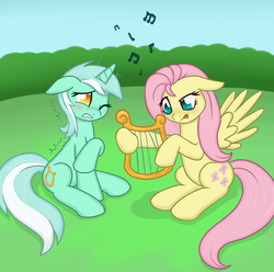 Size: 1090x1080 | Tagged: safe, artist:marindashy, fluttershy, lyra heartstrings, g4, fluttershy answers, lyre, musical instrument, tumblr
