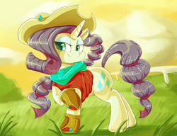 Size: 1000x769 | Tagged: safe, artist:sirmasterdufel, rarity, pony, unicorn, g4, boots, clothes, female, hat, lidded eyes, mare, shoes, smiling, solo